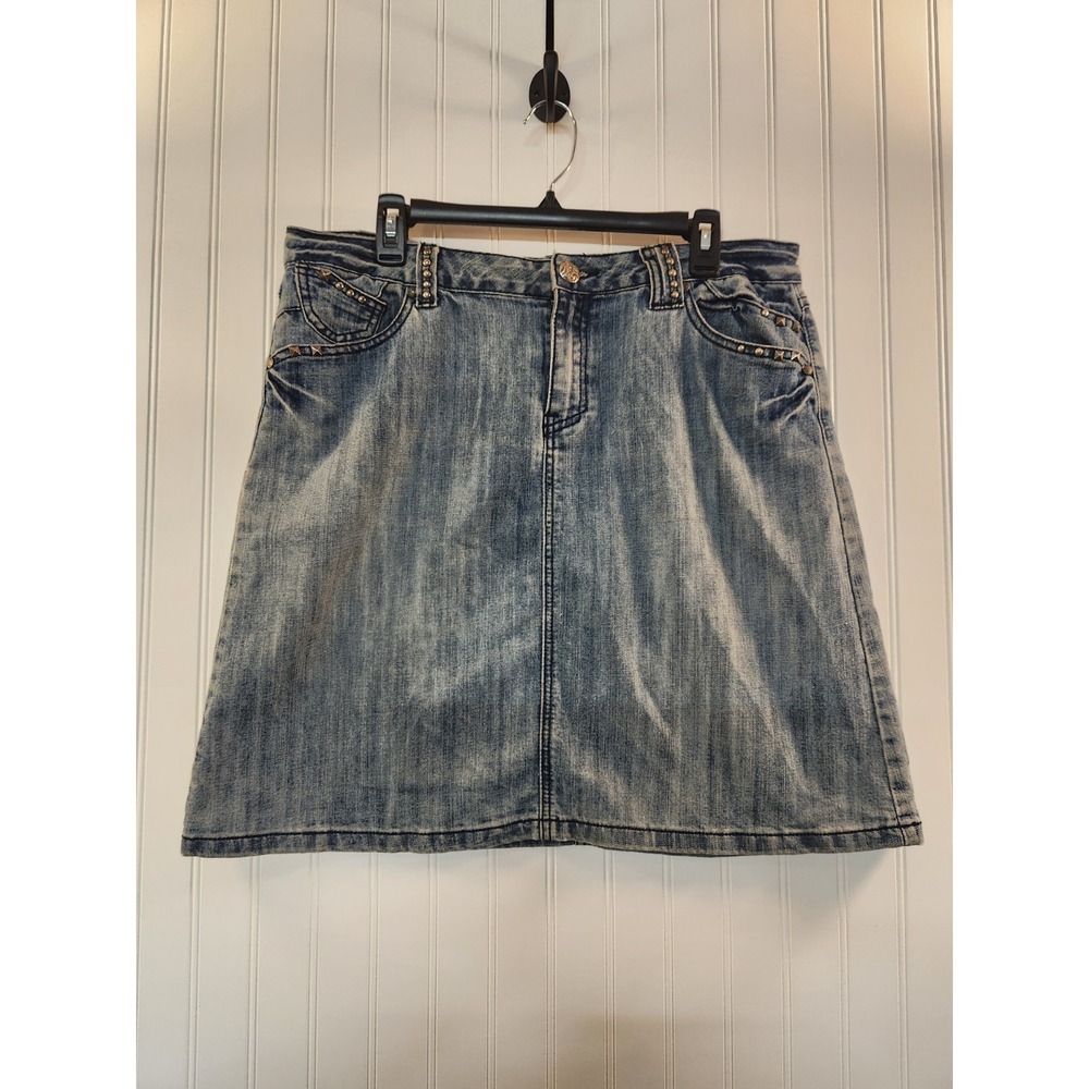 Christiana Zinn Women's Blue Distress Metal Embellished Studs Jean Skirt Size 12